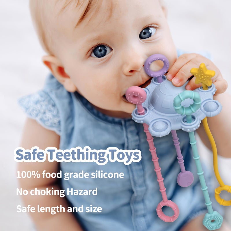 ETETOO Montesorri-Toys - Pull String Toys for Baby - Made of 100% Food Grade Silicone with Built-in Rattle Function and Easy to Clean Design (Blue) - Image 3